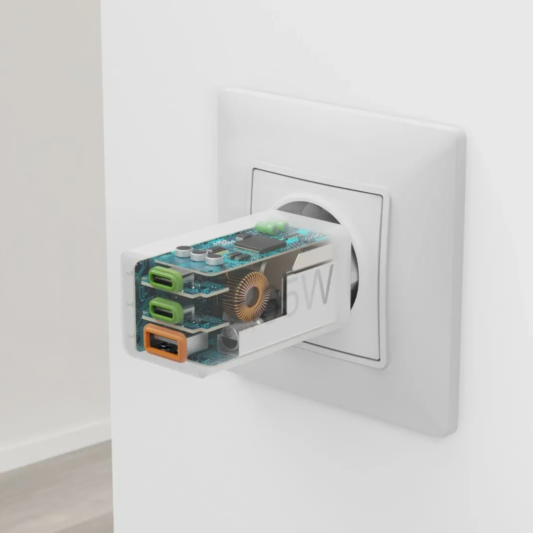 Schnellladegerät, 2x USB-C, 1x USB-A, Mini-Ladegerät, PD, 65 W, Weiß