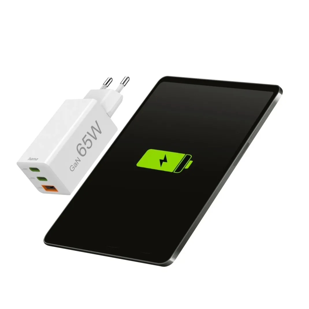 Schnellladegerät, 2x USB-C, 1x USB-A, Mini-Ladegerät, PD, 65 W, Weiß