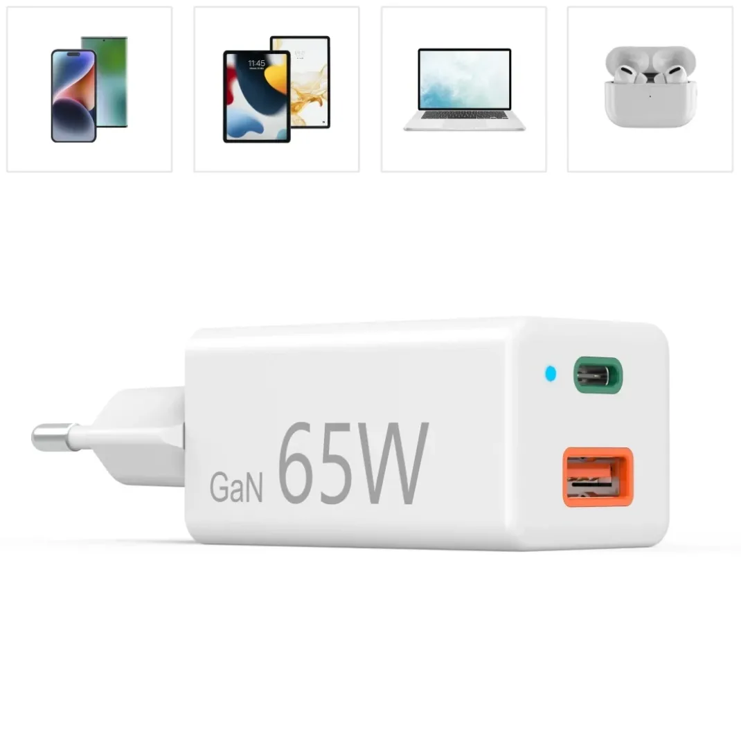 Schnellladegerät, 2x USB-C, 1x USB-A, Mini-Ladegerät, PD, 65 W, Weiß