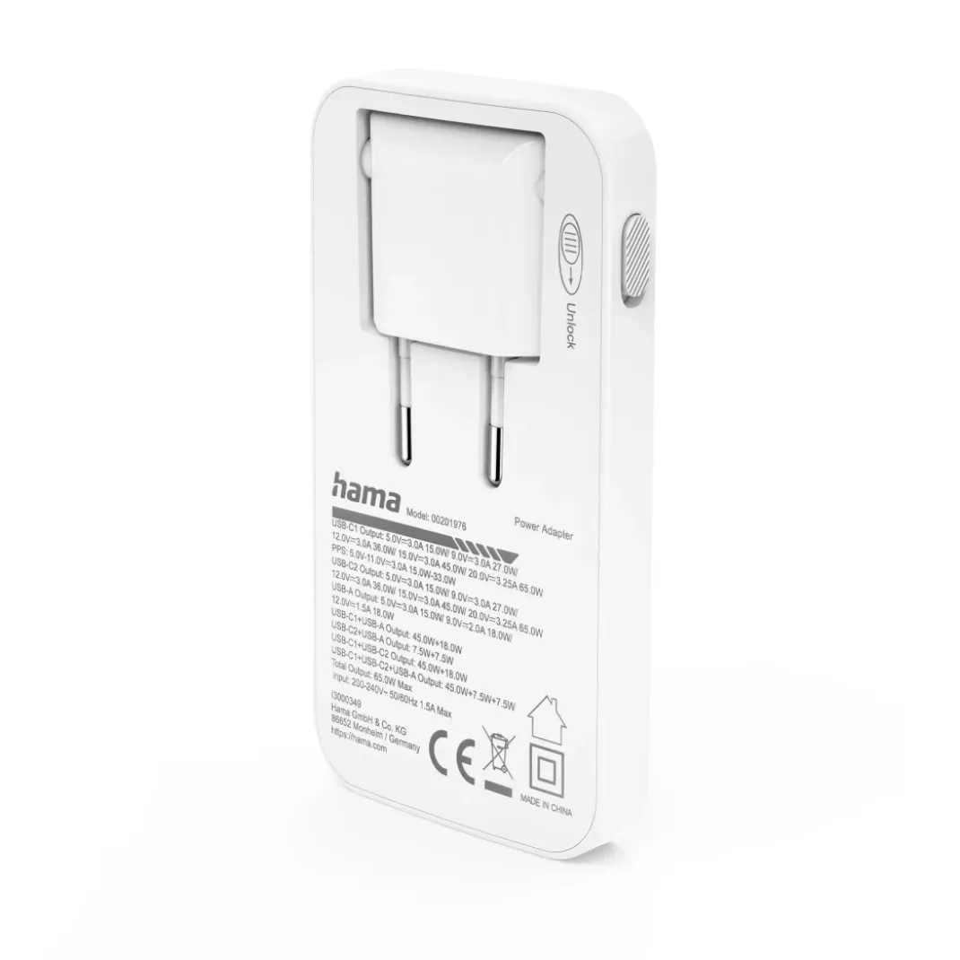 Schnellladegerät, 2x USB-C, 1x USB-A, flaches Mini-Ladegerät, PD, 65 W, WS