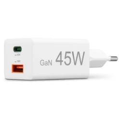 Schnellladegerät, 1x USB-C, 1x USB-A, Mini-Ladegerät, PD, 45 W, Weiß