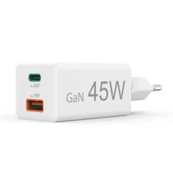 Schnellladegerät, 1x USB-C, 1x USB-A, Mini-Ladegerät, PD, 45 W, Weiß