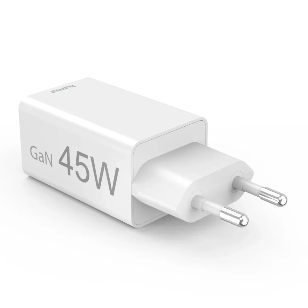 Schnellladegerät, 1x USB-C, 1x USB-A, Mini-Ladegerät, PD, 45 W, Weiß