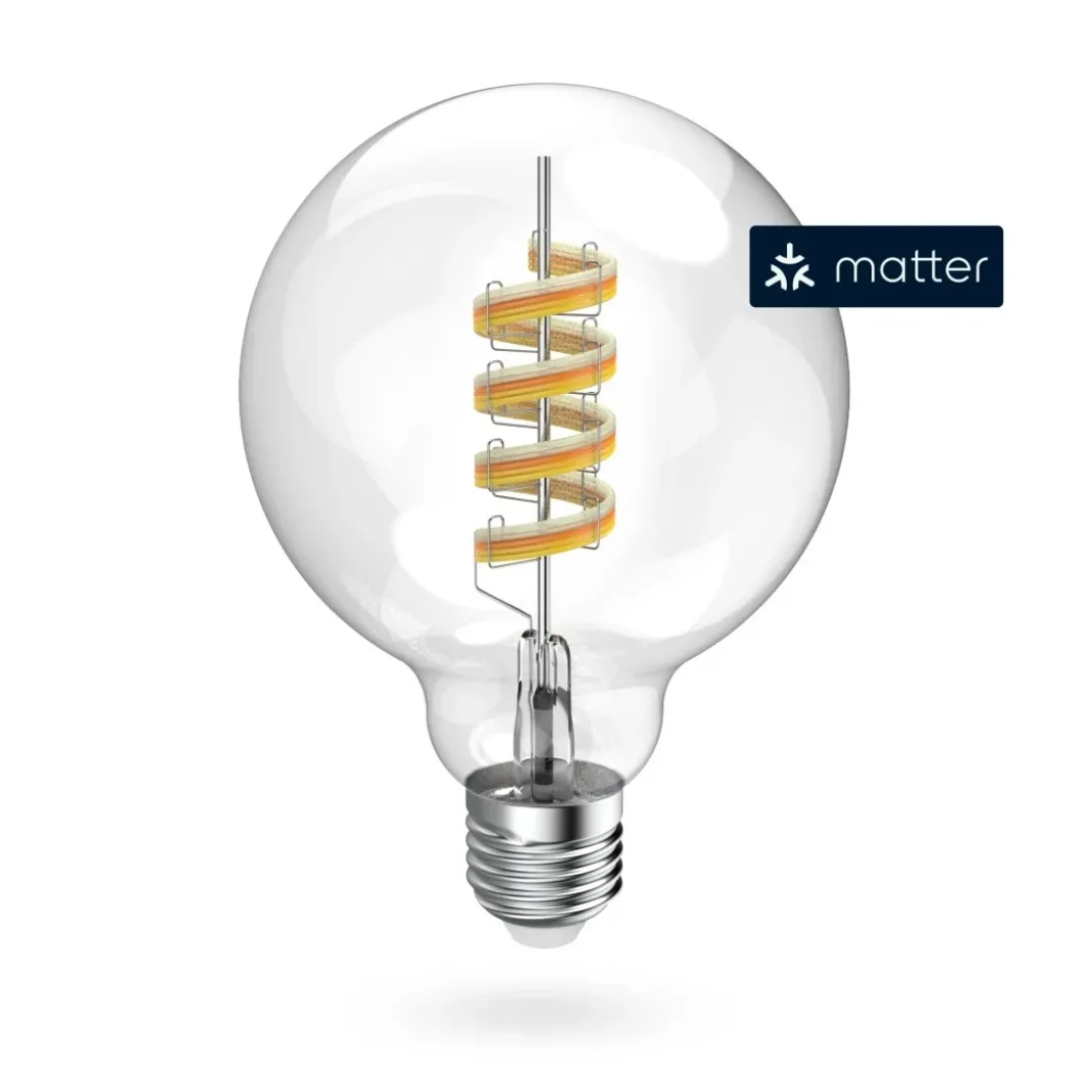 Smarte Lampe E27, LED, Matter, Filament Globe G95, RGBW, dimmbar, mit App
