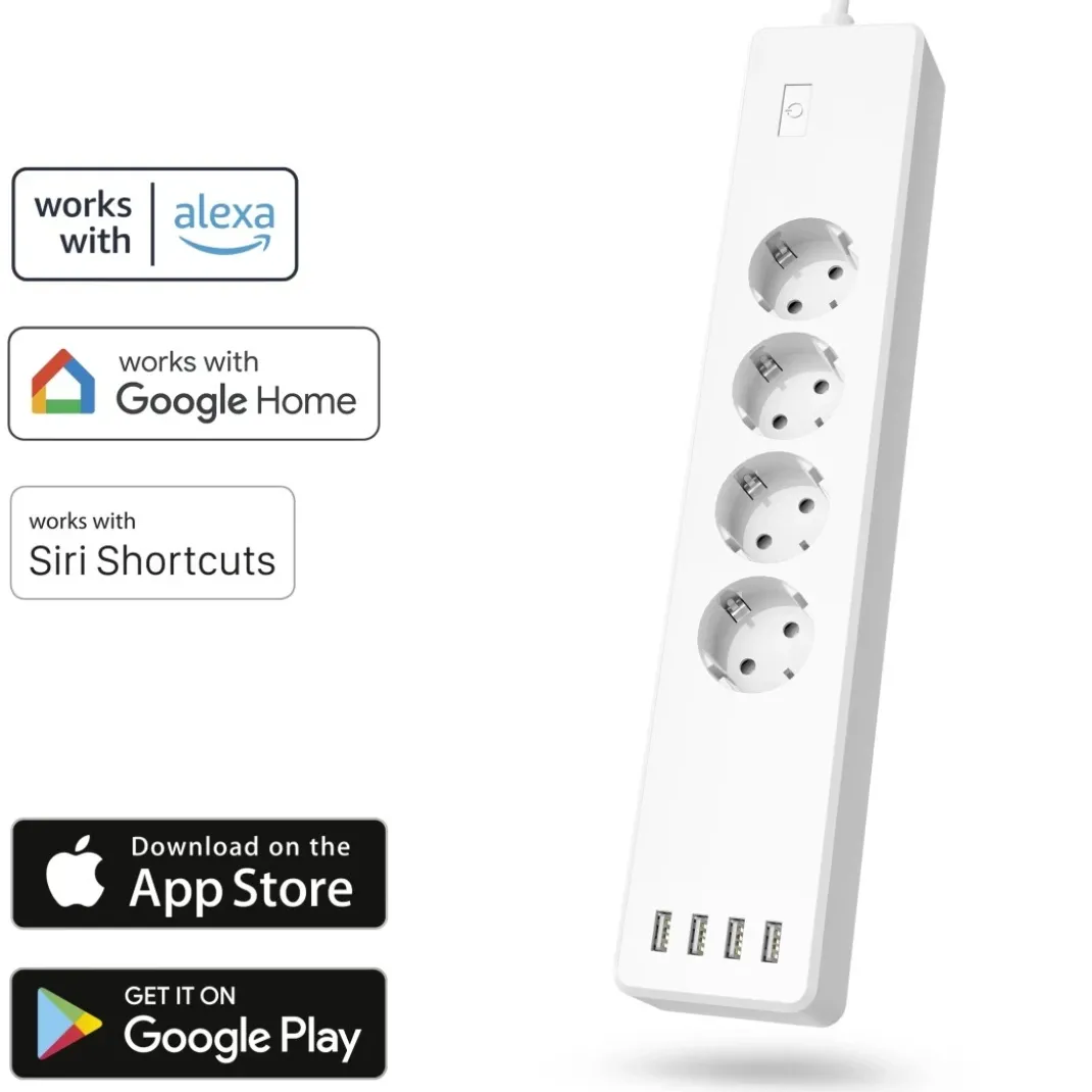 Smarte WLAN-Steckdosenleiste 4-fach, einzeln schaltbar, Überlastsch., 4xUSB