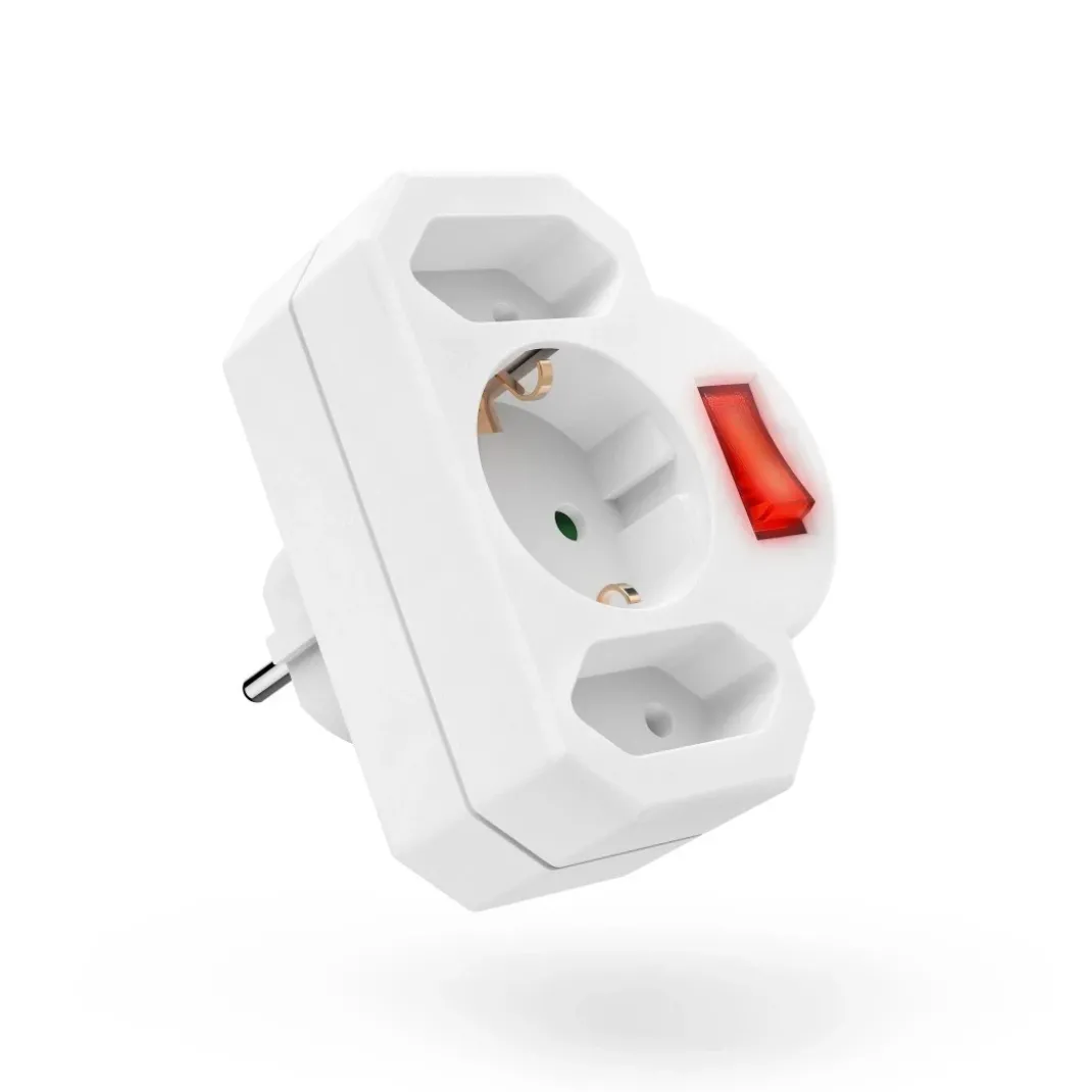 Steckdosenadapter 3-fach, 1x Schutzkontakt, 2x Euro, Schalter, Weiß