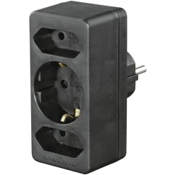 Steckdosenadapter 3-fach, 1x Schutzkontakt, 2x Euro, Schwarz