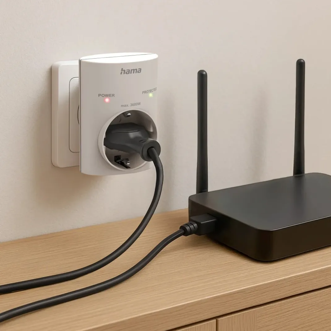 Steckdosenadapter, Schutzkontakt, Überspannungsschutz, Netzspannung, Weiß