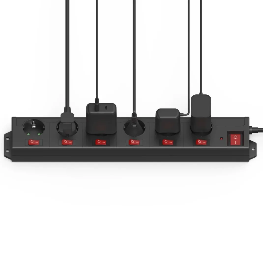 Steckdosenleiste "6+1", XL, 6-fach, einzeln schaltbar, Schwarz