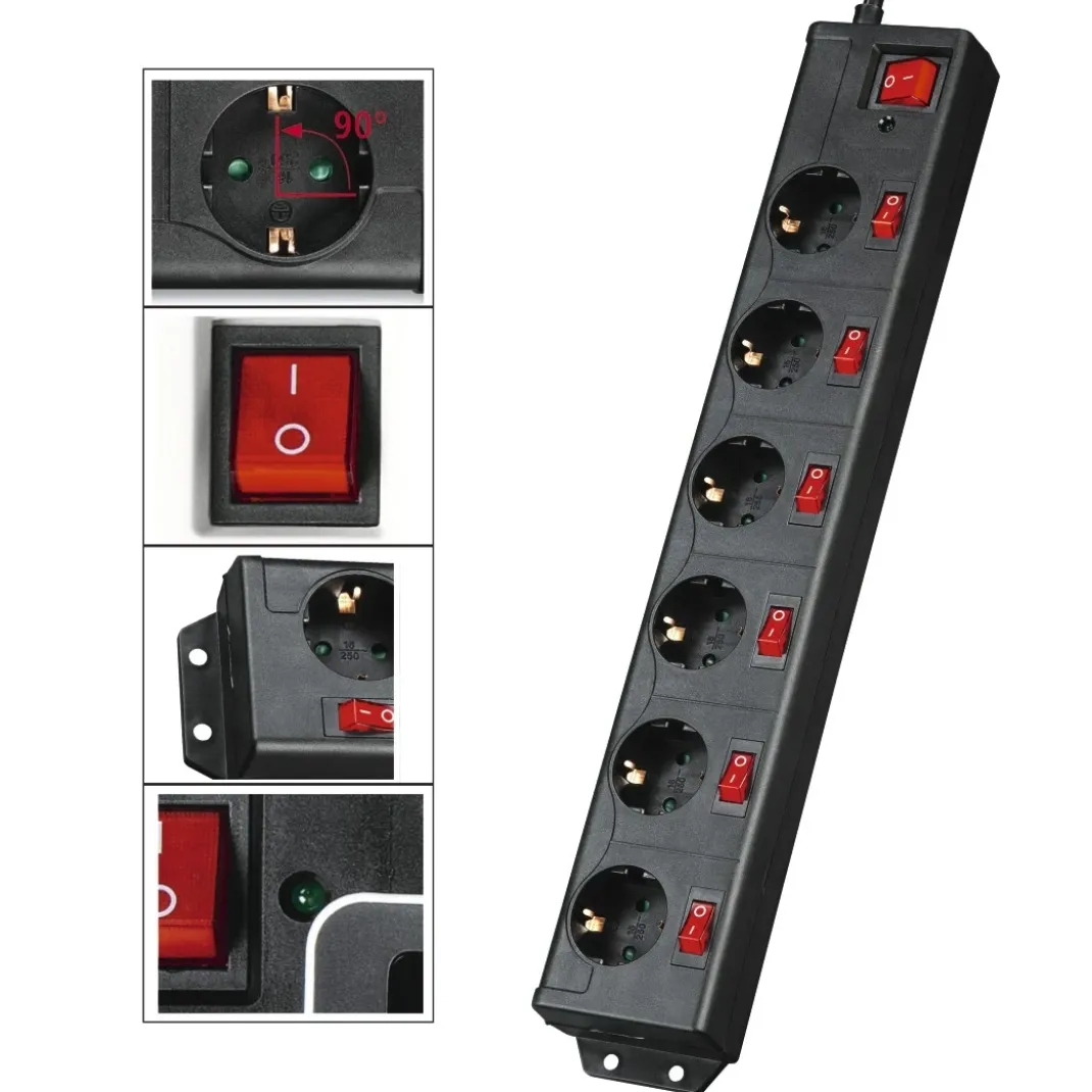 Steckdosenleiste "6+1", XL, 6-fach, einzeln schaltbar, Schwarz