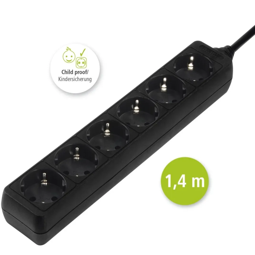 Steckdosenleiste 6-fach, 1,4 m, Schwarz