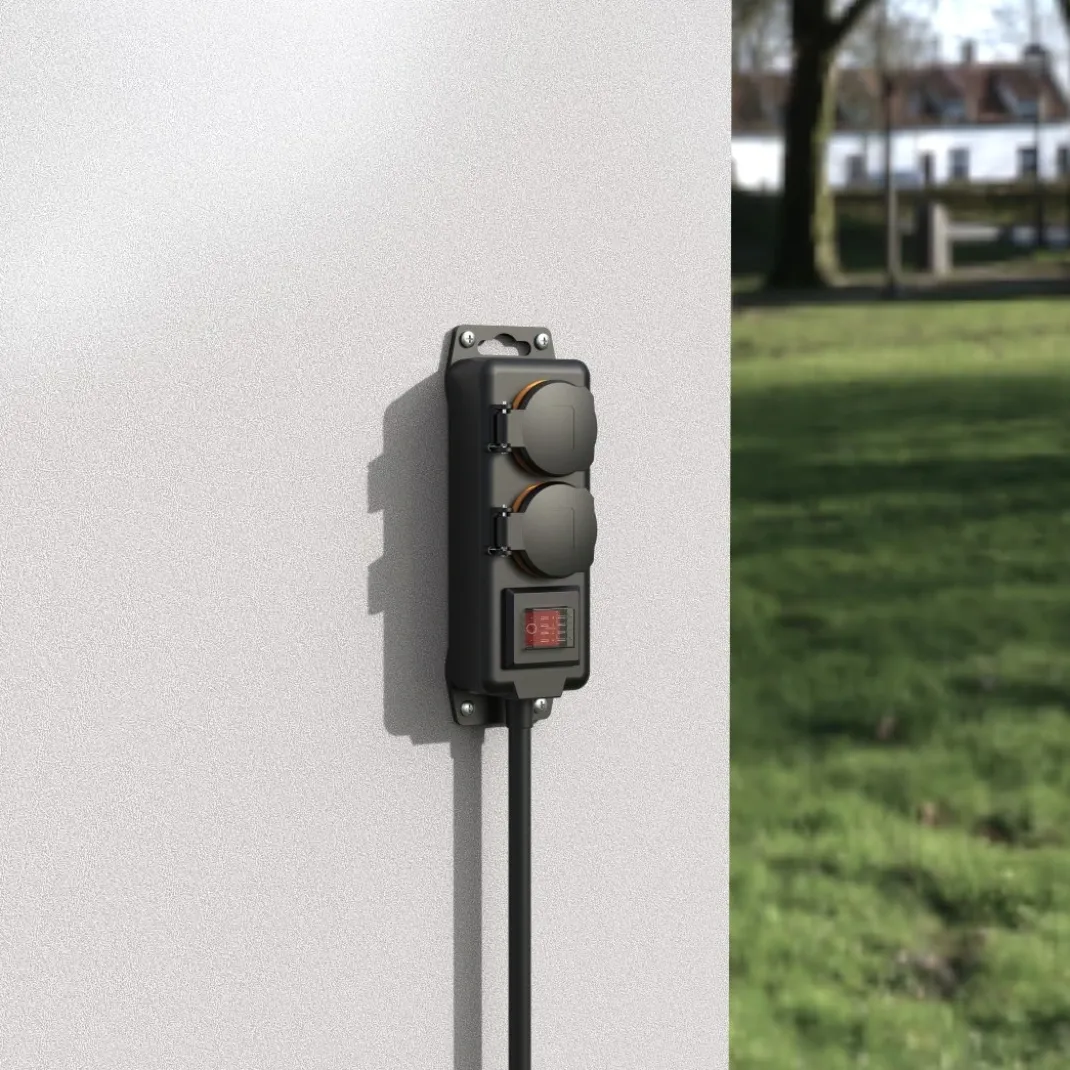 Steckdosenleiste, 2-fach, für außen IP44, Schalter, Wandmontage, 2 m, Schw.
