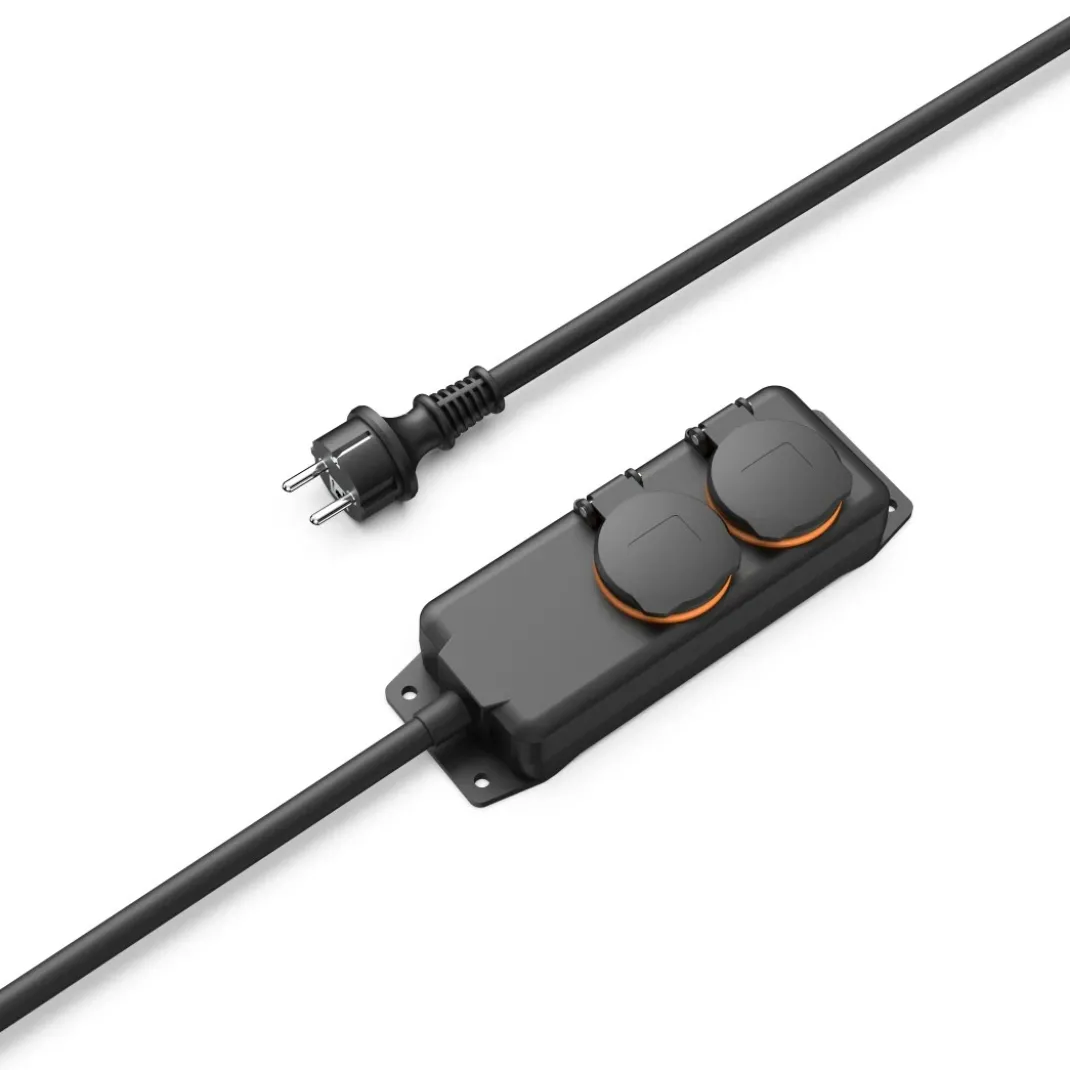 Steckdosenleiste, 2-fach, für außen IP44, Wandmontage, 2 m, Schwarz