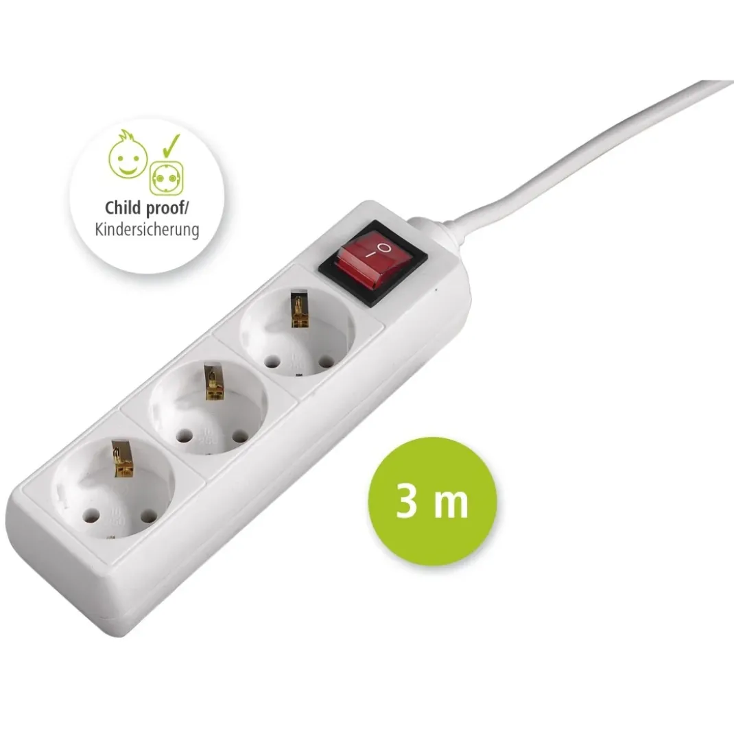 Steckdosenleiste 3-fach, mit Schalter, 3 m, Weiß
