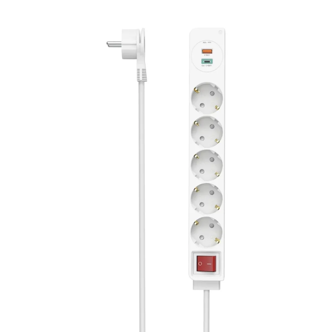 Steckdosenleiste, 5-fach, USB-C/A 18W, PD/FC, Schalter, Flachst., 1,4 m, W