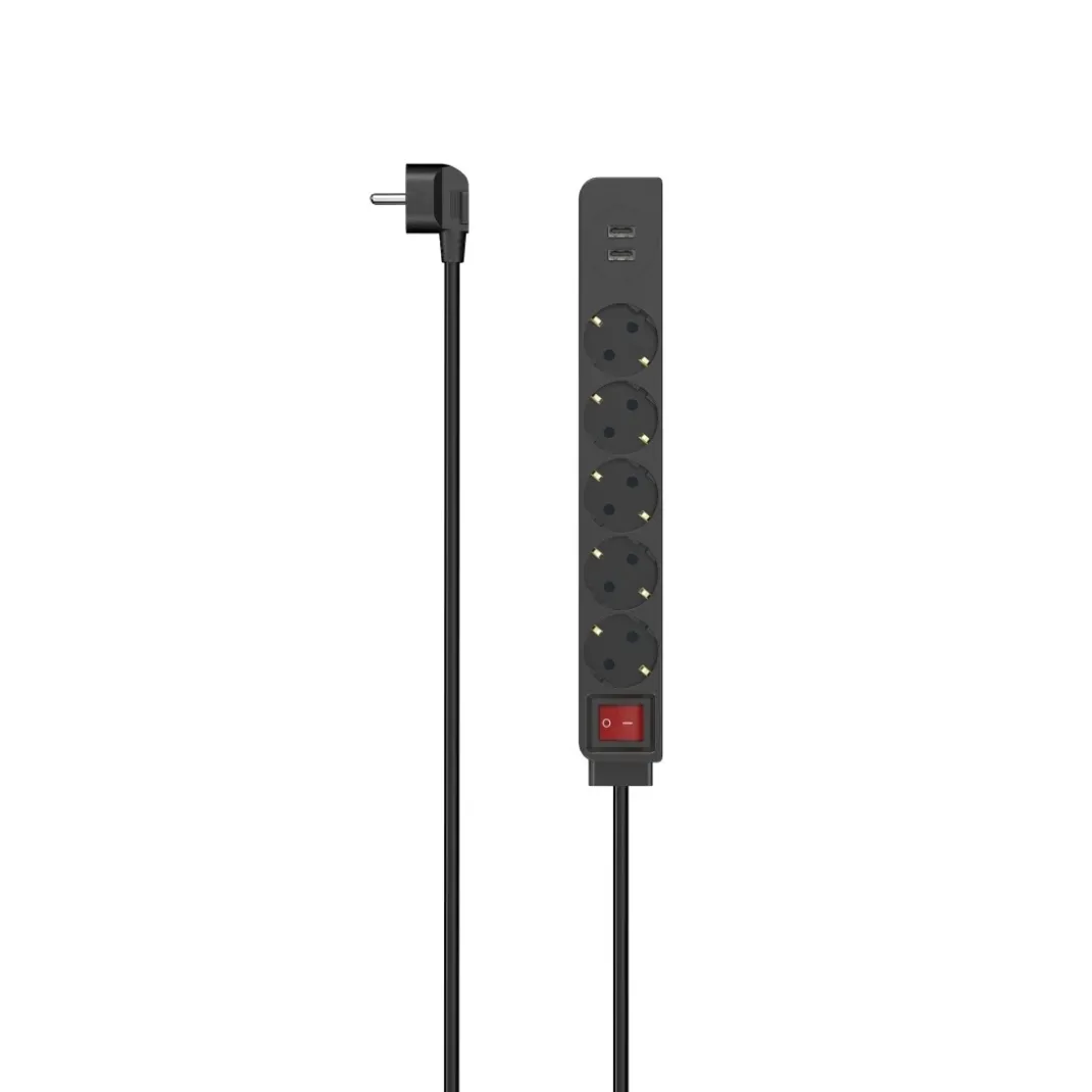 Steckdosenleiste, 5-fach, USB-A 17W, Schalter, 1,4 m, Schwarz