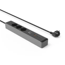 Steckdosenleiste, 3-fach, USB-C/A 100W, PD, Schalter, 1,4 m, Schwarz/Grau