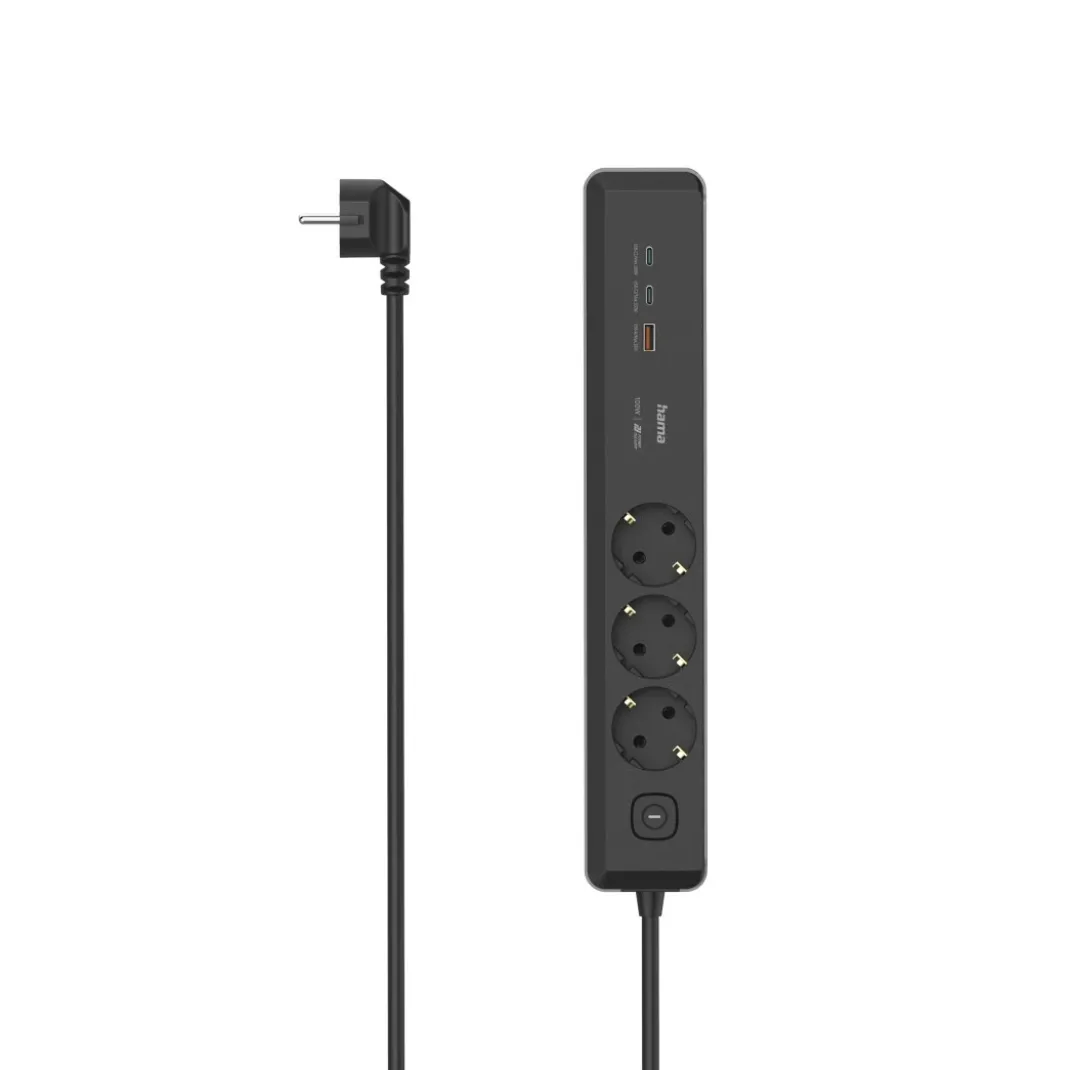 Steckdosenleiste, 3-fach, USB-C/A 100W, PD, Schalter, 1,4 m, Schwarz/Grau