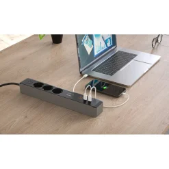Steckdosenleiste, 3-fach, USB-C/A 100W, PD, Schalter, 1,4 m, Schwarz/Grau