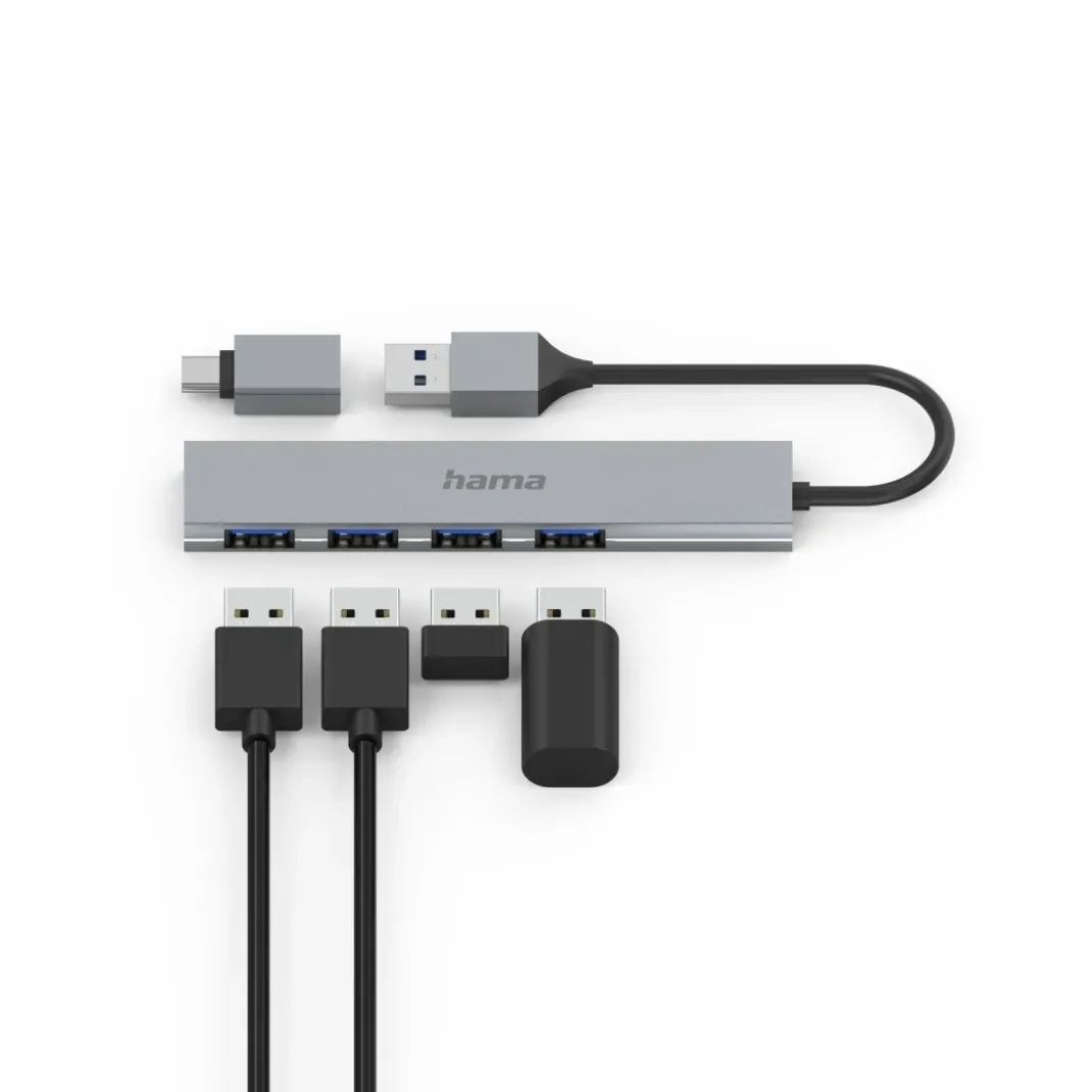 USB-Hub, 4 Ports, USB 3.2 Gen1, 5 Gbit/s, Ultra Slim, inkl. USB-C-Adapter