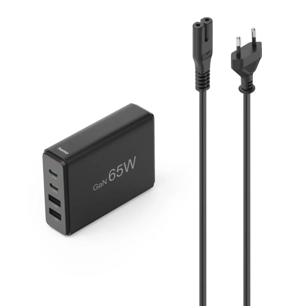 USB-Ladestation 4 Ports, GaN, Schnellladegerät, 2xUSB-C, 2xUSB-A, PD, 65 W