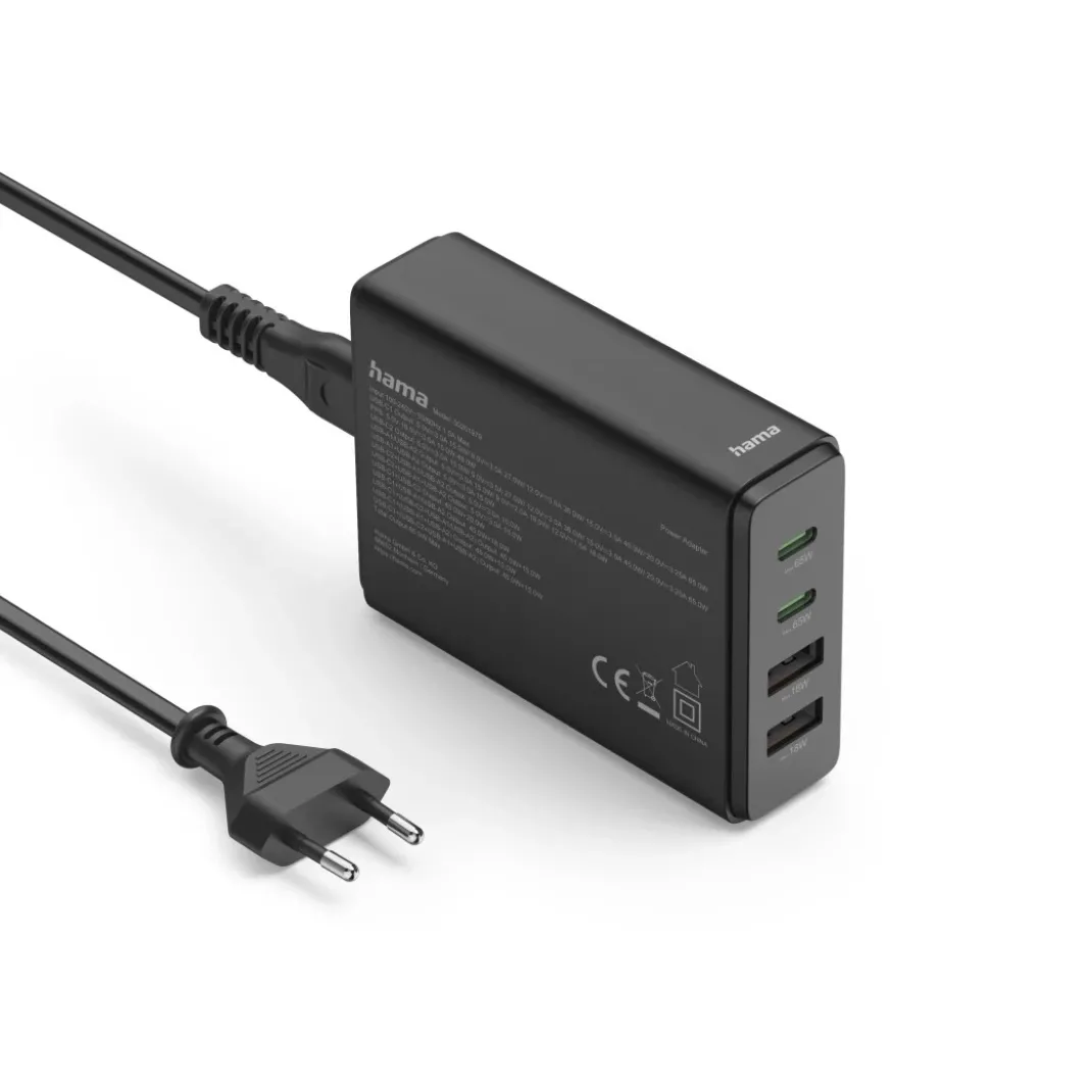 USB-Ladestation 4 Ports, GaN, Schnellladegerät, 2xUSB-C, 2xUSB-A, PD, 65 W