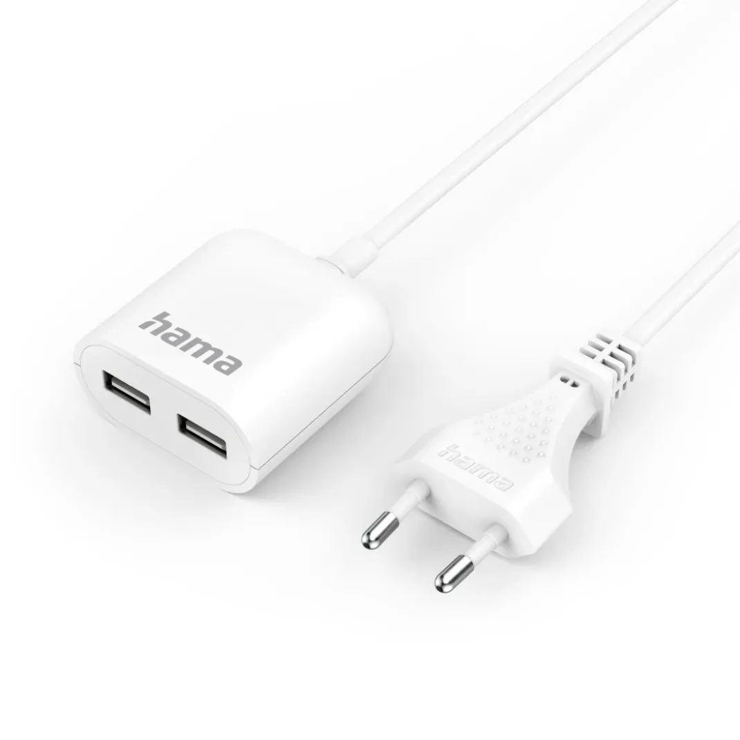 USB-Netzteil mit 1,9 m langem Kabel, 2,4 A, 2x USB-A, Weiß