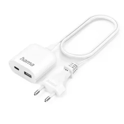 USB-Netzteil mit 1,9 m langem Kabel, 3,5A, 1x USB-A, 1x USB-C, Weiß