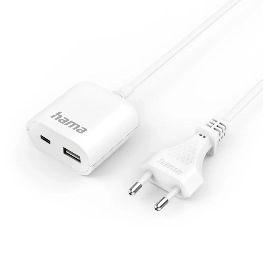 USB-Netzteil mit 1,9 m langem Kabel, 3,5A, 1x USB-A, 1x USB-C, Weiß