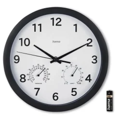 Wanduhr "Malta", Ø 25 cm, mit Thermo-/Hygrometer, ohne Ticken, Schwarz