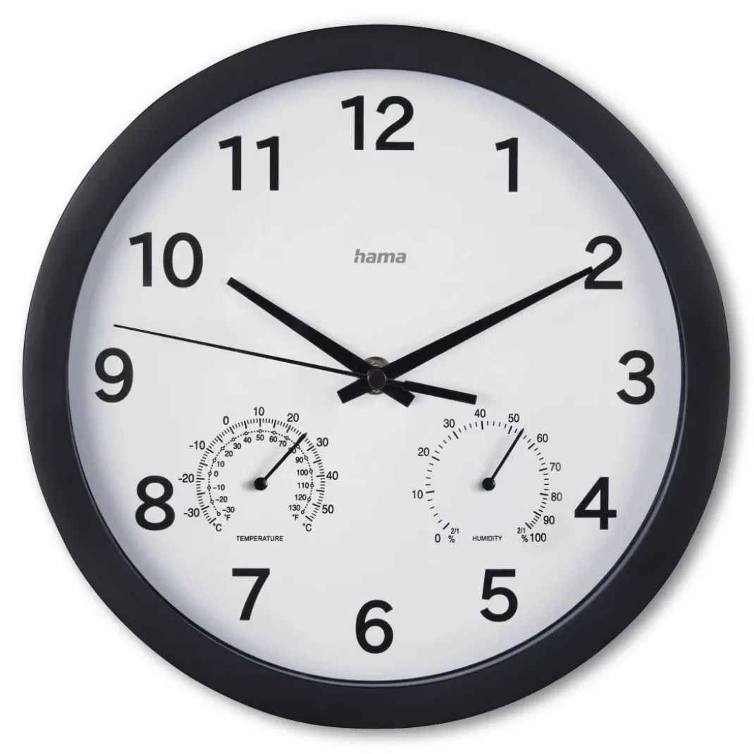 Wanduhr "Malta", Ø 25 cm, mit Thermo-/Hygrometer, ohne Ticken, Schwarz