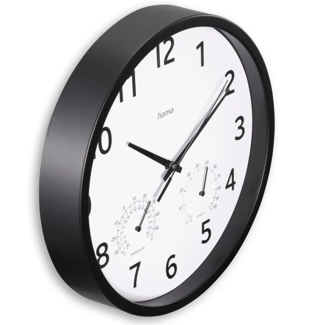 Wanduhr "Malta", Ø 25 cm, mit Thermo-/Hygrometer, ohne Ticken, Schwarz