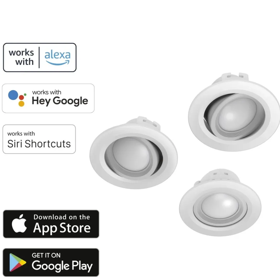 WLAN LED-Einbauspot, 5W, per Sprache/App steuern, verstellbar, 3 St., Weiß